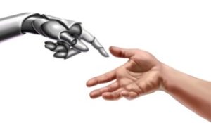 Eine Roboter-ähnliche Maschinen Hand, links im Bild und rechts eine menschliche Hand, die sich annähern. Als Symbol für die Mensch Maschine Interaktion_ HMI_Davinci_ und die Philosophie von Userfriend Usability Agentur auf userfriend.de