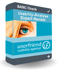 Ein virtuelles Userfriend Produkt-Paket, mit der Aufschrift "Basic Check, Website Usability Expert Review und dem Logo" als Symbol für eine Usability Test Analyse von Experten von Userfriend Usability Agentur, auf userfriend.de