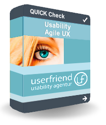 Ein virtuelles Userfriend Produkt-Paket, mit der Aufschrift "Quick Check, Usability Agile UX und dem Logo" als Symbol für schnelle Entscheidungshilfen in agiler Entwicklung, von Userfriend Usability Agentur, auf userfriend.de