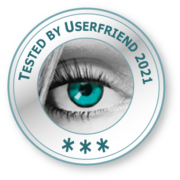 Ein Usability Qualitätssiegel mit einem Auge und der Aufschrift _Tested by Userfriend 2021_ mit drei Sternen (Drei bis fünf-5 Sterne-Zertifizierung möglich) von Userfriend Usability Agentur, auf userfriend.de