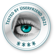 Usability und UX Qualitätssiegel mit einem Auge und der Aufschrift _Tested by Userfriend 2021_ mit vier Sternen (Drei bis fünf-5 Sterne-Zertifizierung möglich) von Userfriend Usability Agentur, auf userfriend.de