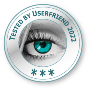 Ein Usability Qualitätssiegel, mit einem Auge und der Aufschrift _Tested by Userfriend 2022_ mit drei Sternen