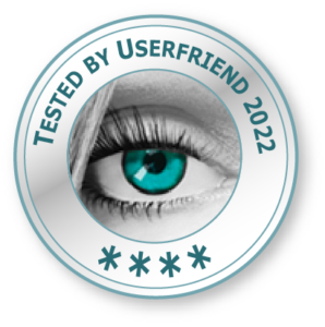 Ein Usability Qualitätssiegel, mit einem Auge und der Aufschrift _Tested by Userfriend 2022_ mit vier Sternen