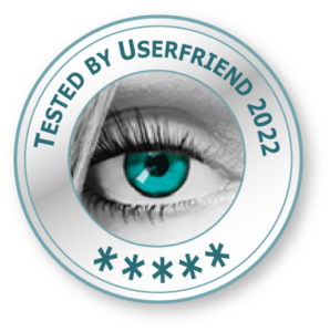 Ein Usability & UX Qualitätssiegel, mit einem Auge und der Aufschrift _Tested by Userfriend 2022_ mit fünf Sternen