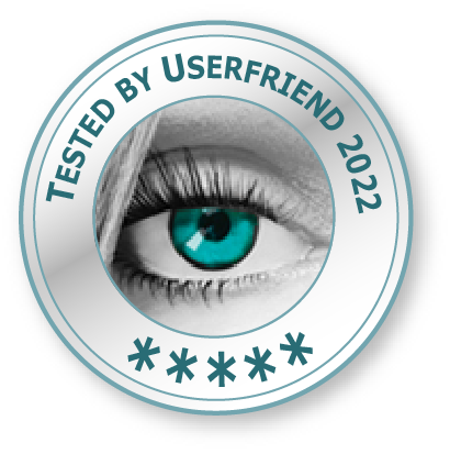 Ein Usability Qualitätssiegel, mit einem Auge und der Aufschrift _Tested by Userfriend 2022_ mit fünf Sternen