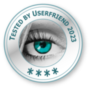 Ein Usability & UX Research Qualitätssiegel, mit einem Auge und der Aufschrift _Tested by Userfriend 2023_ mit fünf Sternen