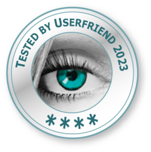 Ein Usability & UX Research Qualitätssiegel, mit einem Auge und der Aufschrift _Tested by Userfriend 2023_ mit fünf Sternen