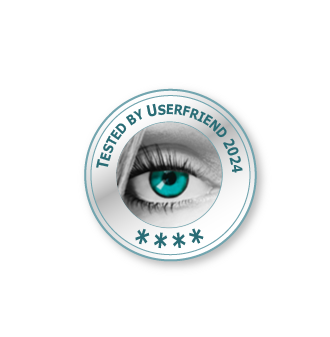 UX Qualitätssiegel, mit Auge und Aufschrift _Tested by Userfriend 2024_ mit vier Sternen